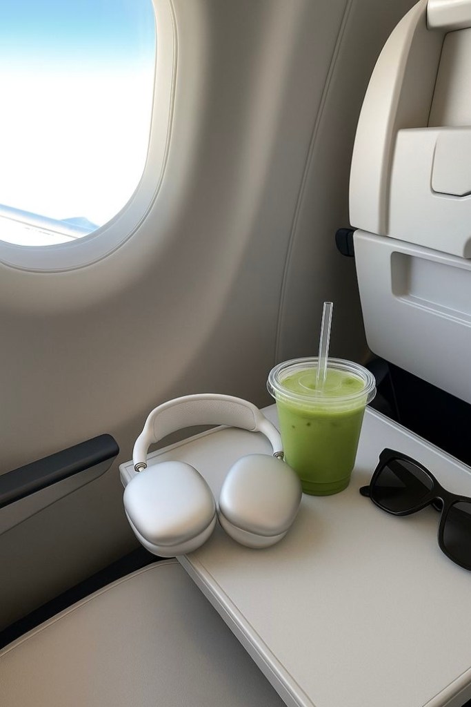 plane seat with matcha iced drink and headphones